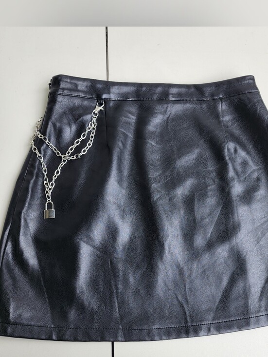 Say What? Dresses & Skirts - Say What Women's Faux Leather Black Skirt Silver Chain Lock Mini Zip Sz L